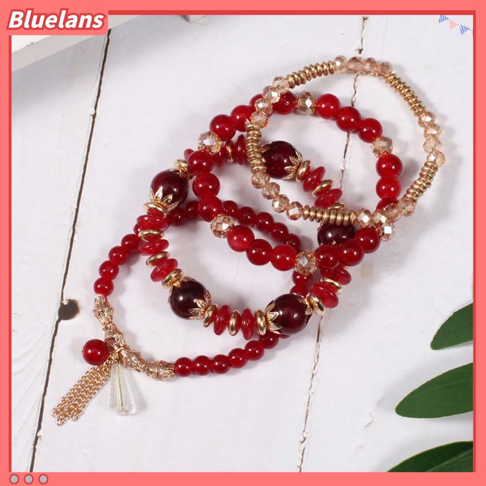 Bluelans 4Pcs Boho Faux Agate Pearl Tassel Chain Charm Beaded Bracelet Women Jewelry