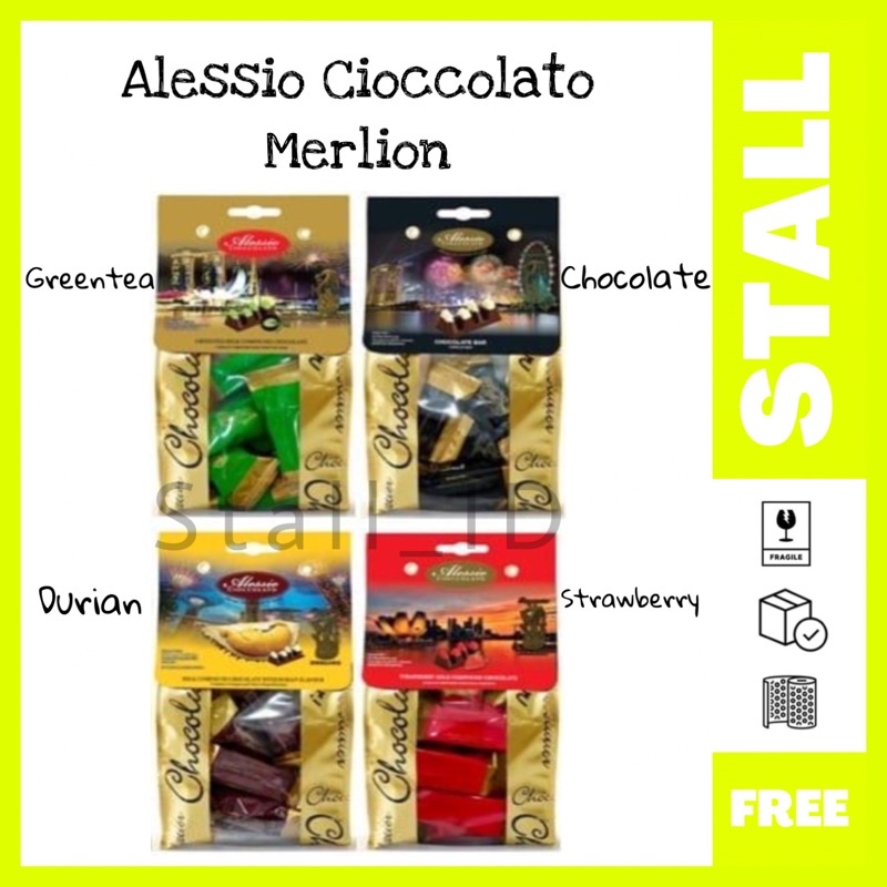 

Alessio 75gr Merlion Dolye Pack Durian Strawberry Greentea White Topping Milk Chocolate