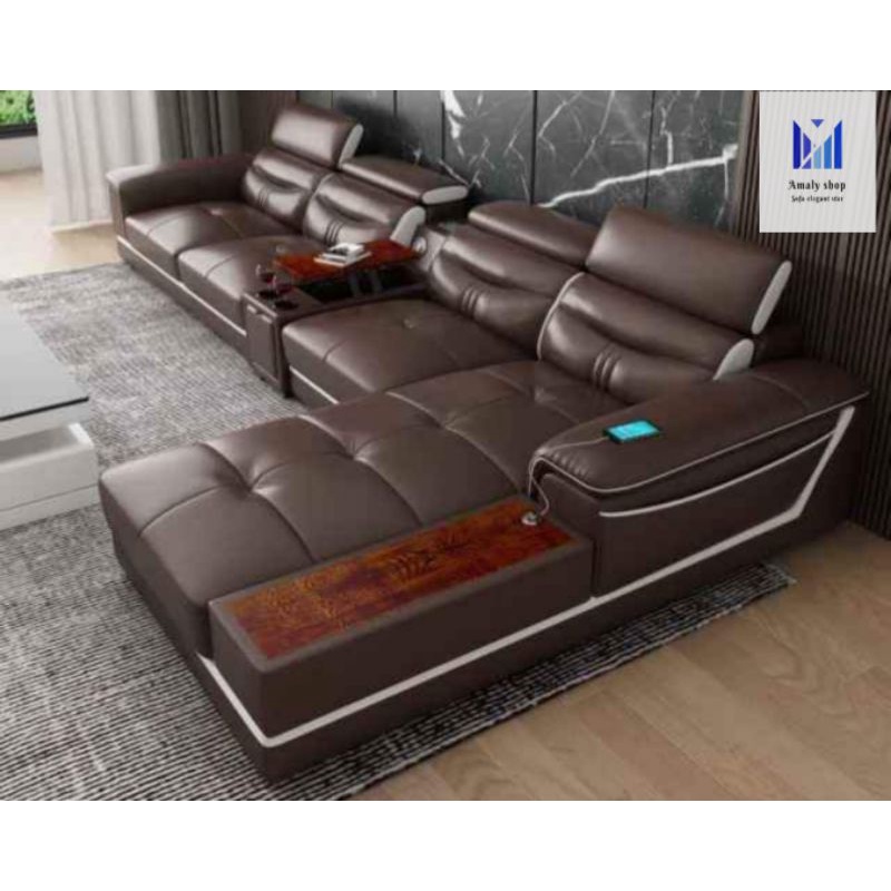 Sofa Kulit Letter L Minimalis Modern Kualitas Premium Super Mewah Sofa Santai Coklat elegant  Kursi 