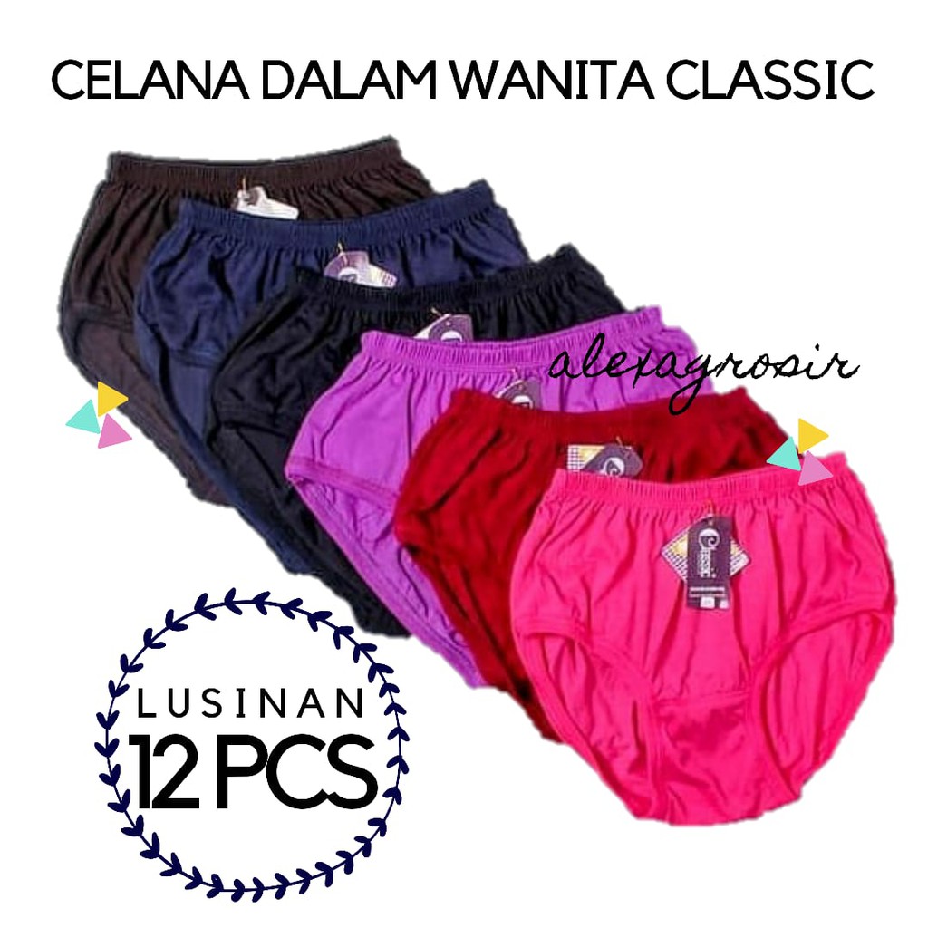 12 PCS Celana Dalam Katun Wanita Motif Polos Best Quality Bahan Bagus Merk Classic