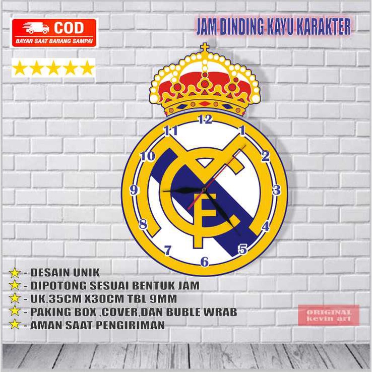 JAM DINDING KAYU UNIK BESAR MURAH GAMBAR LOGO REAL MADRID TERBARU