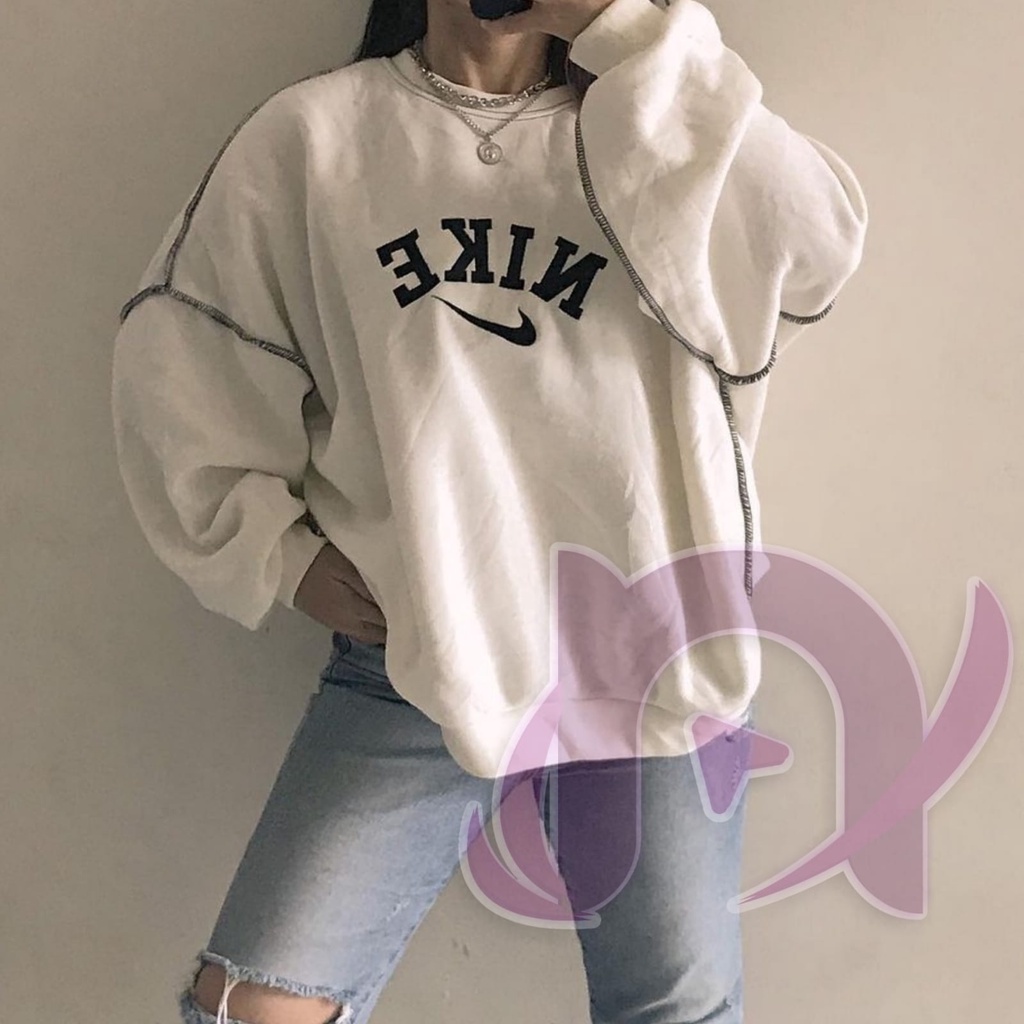 NIKE IVY BORDIR SWEATER CREWNECK MODEL JAHIT TERBALIK FLEECE