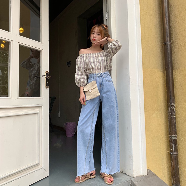 Celana Panjang Jeans Lebar High Waist dengan Saku untuk Musim Panas