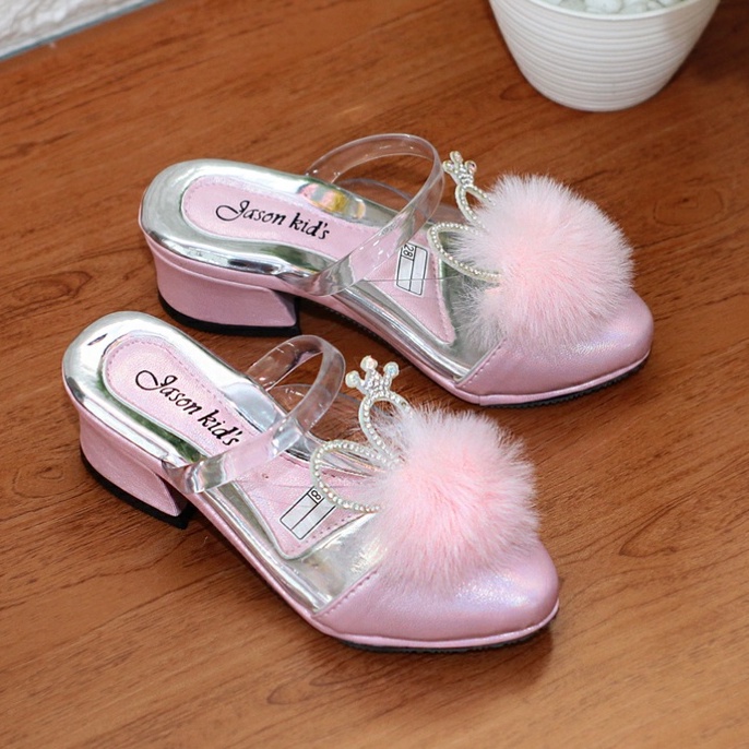 Sandal Sepatu Anak Perempuan Hak 3 cm Motif Bulu Kitty Mika Bening Heels Selop Pesta Cewe Tahun SM1