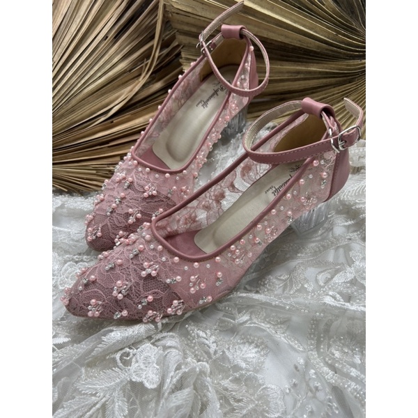 sepatu wanita wedding marmarisa dustypink tali 5cm kaca