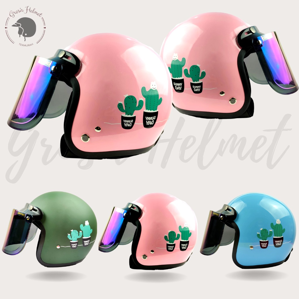 Helm Bogo Retro Dewasa Full Leher Helm Wanita SNI Helm Motif Kaktus Aesthetic