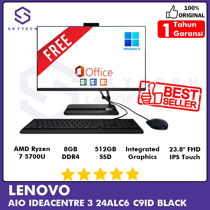 ALL IN ONE PC LENOVO IDEACENTRE 3 24ALC6 C9ID RYZEN 7 5700U RAM 8GB SSD 512GB WIN11 + OHS F0G100C9ID