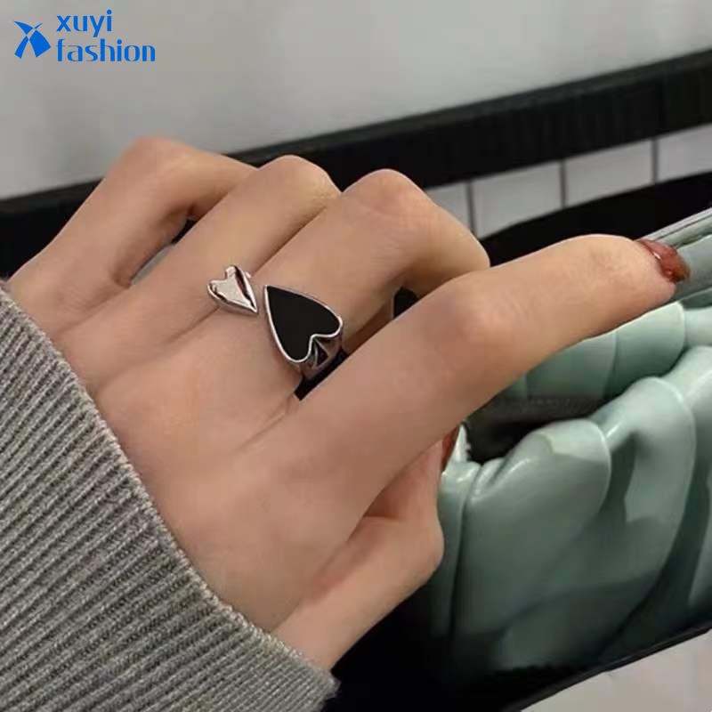 Cincin Model Terbuka Warna Silver Bentuk Hati Hitam Untuk Wanita