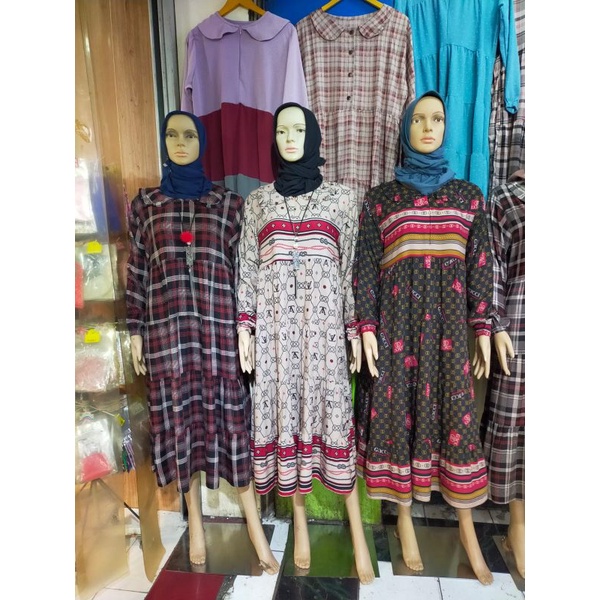 MIDI DRESS TERBARU MOTIF LV GUCCI KOTAK BAHAN KATUN RAYON