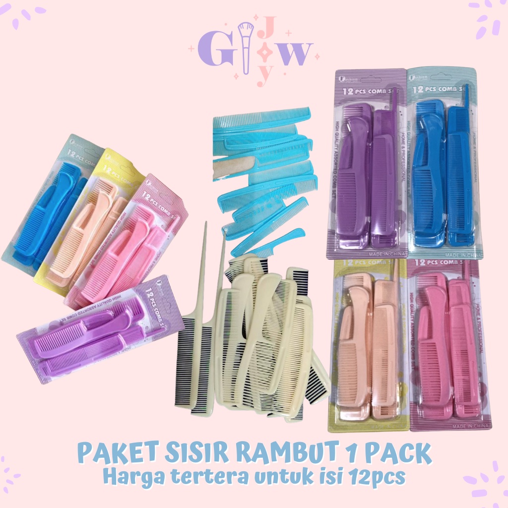 A64 PAKET SISIR RAMBUT 12pcs warna warni pink ungu biru hijau hitam putih kuning soft merah muda blue green white black murah termurah viral rambut panjang pendek lurus keriting