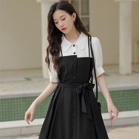 [littlecrab] Dress Oversize Kasual Fake 2 Set Fake Collar Berkualitas Dress Kemeja Berkerah Hitam Putih Dress Panjang Lengan Pendek Simple Elegan High Quality Dress Korean Style