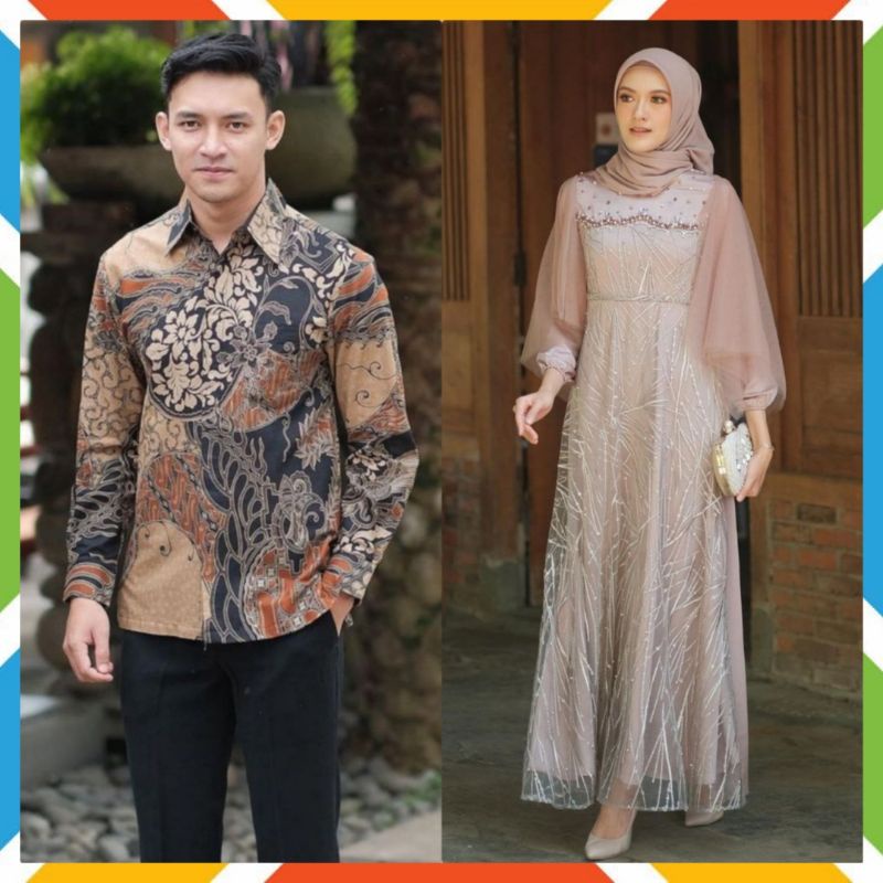 Set Couple Luna Dress Brokat Modern Series Pasangan Gamis Brukat Batik Terbaru Mocca Grey Latte Rose