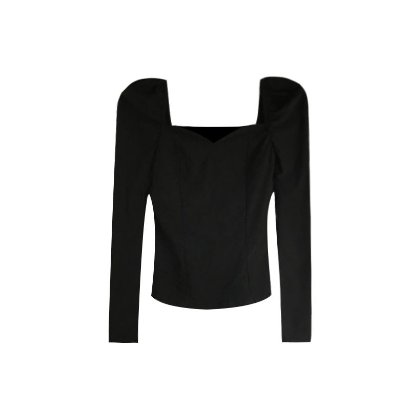 Shifon blus French retro square neck puff sleeve top wanita ramping lengan panjang seksi T-shi