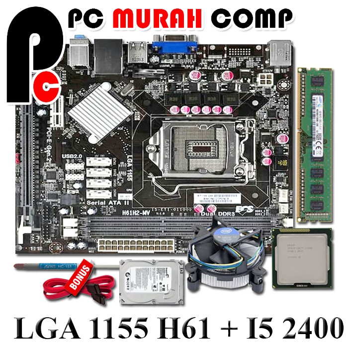 MAINBOARD MOBO MATHERBOARD LGA 1155 H61 I5 2400 RAM 4GB DDR3 LENGKAP