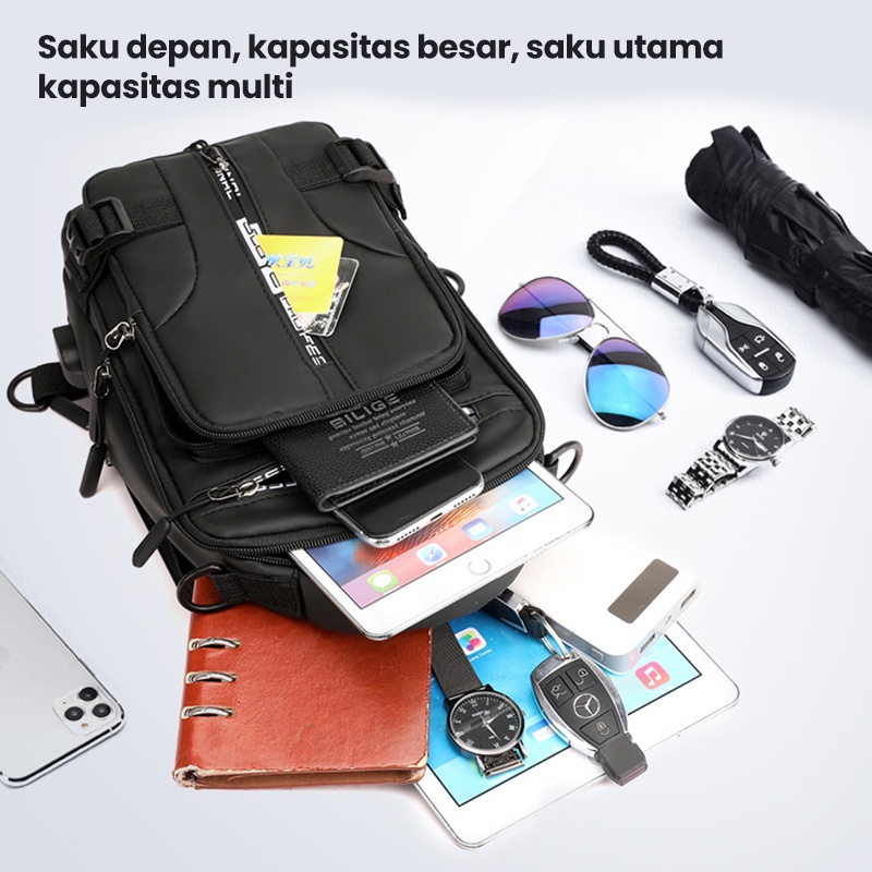 Uphike Tas Selempang Pria Casual Sling bag USB Charge Anti Air Tas Bahu Pria Trandy Model Kekinian Tas Santai Cowok Import TS713