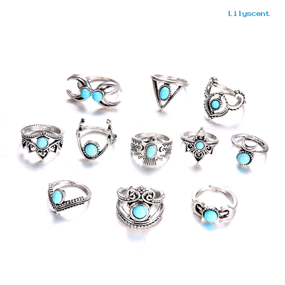 11pcs / Set Cincin Knuckle Turquoise Palsu Gaya Vintage Bohemia Untuk Wanita