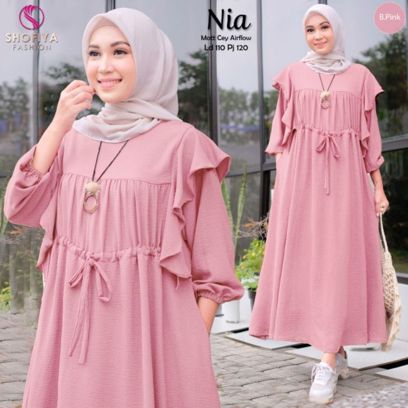 Baju Wanita Kekinian Gamis Remaja Polos Nia Midi Dress Korea Gamis Crinkle Busana Muslim Wanita Terbaru