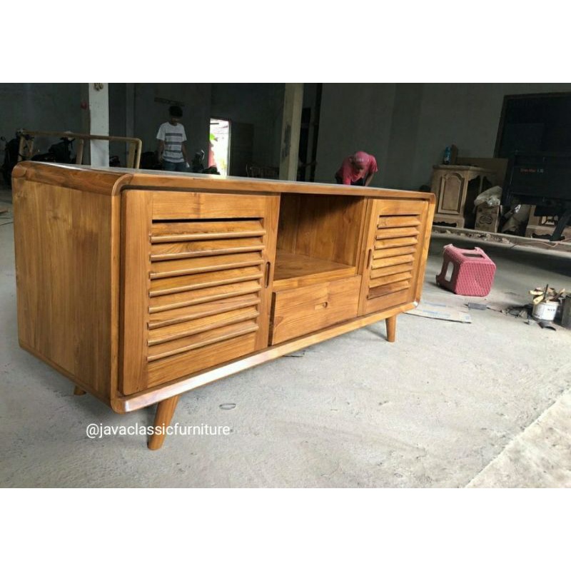 BUFET TV RETRO MEJA KONSUL MINIMALIS NAKAS PINTU 2 LACI BAHAN KAYU JATI FURNITURE MEUBEL JEPARA-2
