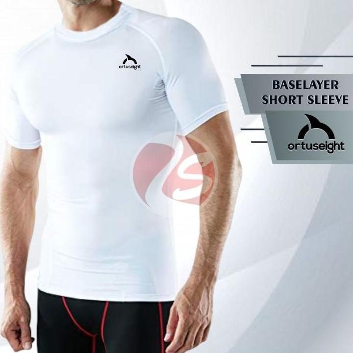 オ Kaos dalam olahraga pria manset pendek putih hitam logo sport baselayer short sleeve black white b
