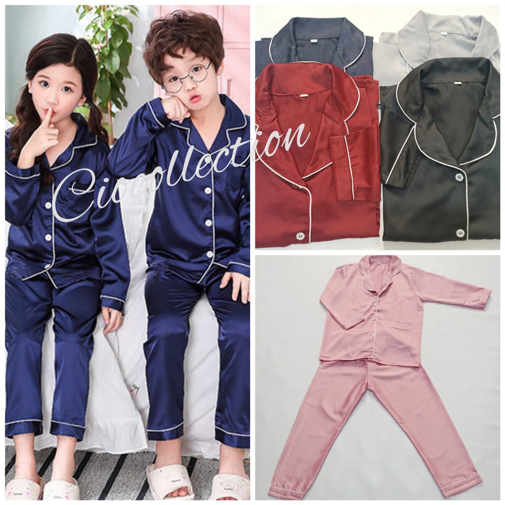 Piyama Satin Polos Setelan Lengan Panjang Celana Panjang Baju Tidur Anak