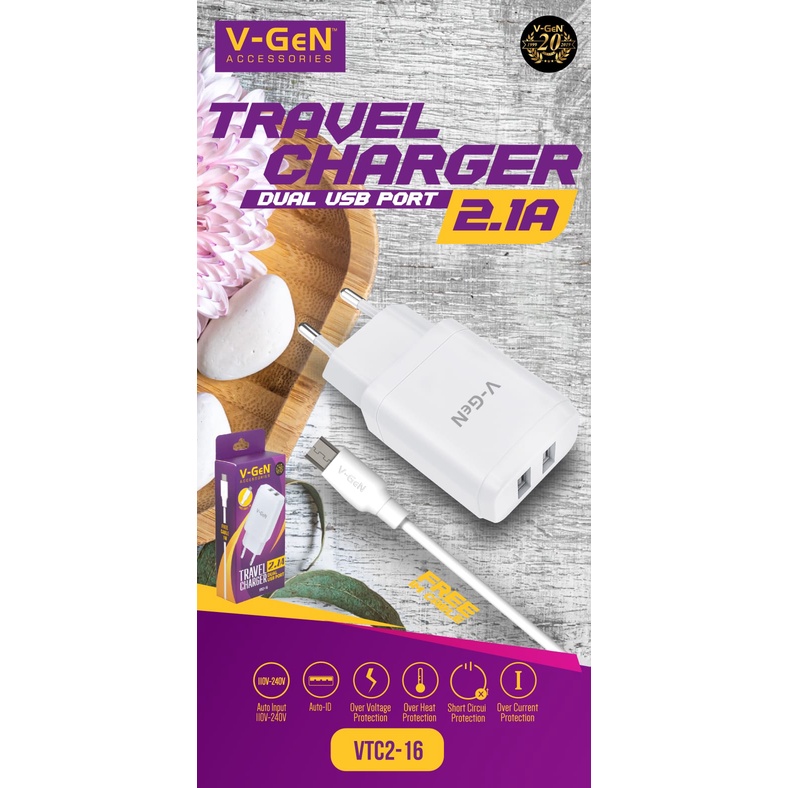 KHANZAACC VGEN VTC2-16 Travel Charger Dual USB Port 2.1A Include Micro USB Cable