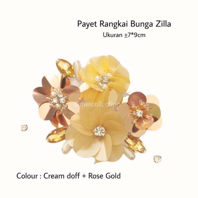 payet rangkai bunga 3d aplikasi APBR Zilla set rose gold cream doff 8cm 7cm sabuk pinggang selendang