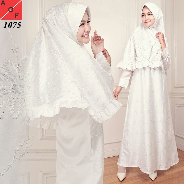 Baju Gamis Wanita / Gamis Putih / Muslim Satin #1075 STD - Putih- M