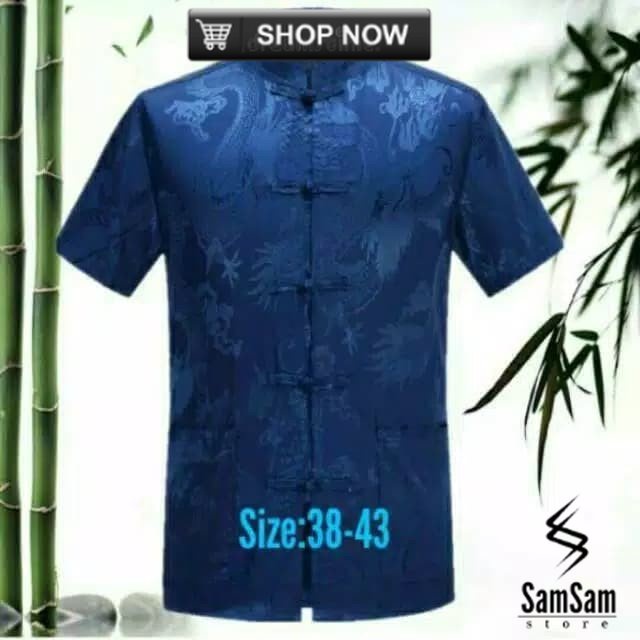 PROMO.... Cheongsam Lengan Pendek Pria Merah Maroon. - Biru, XL