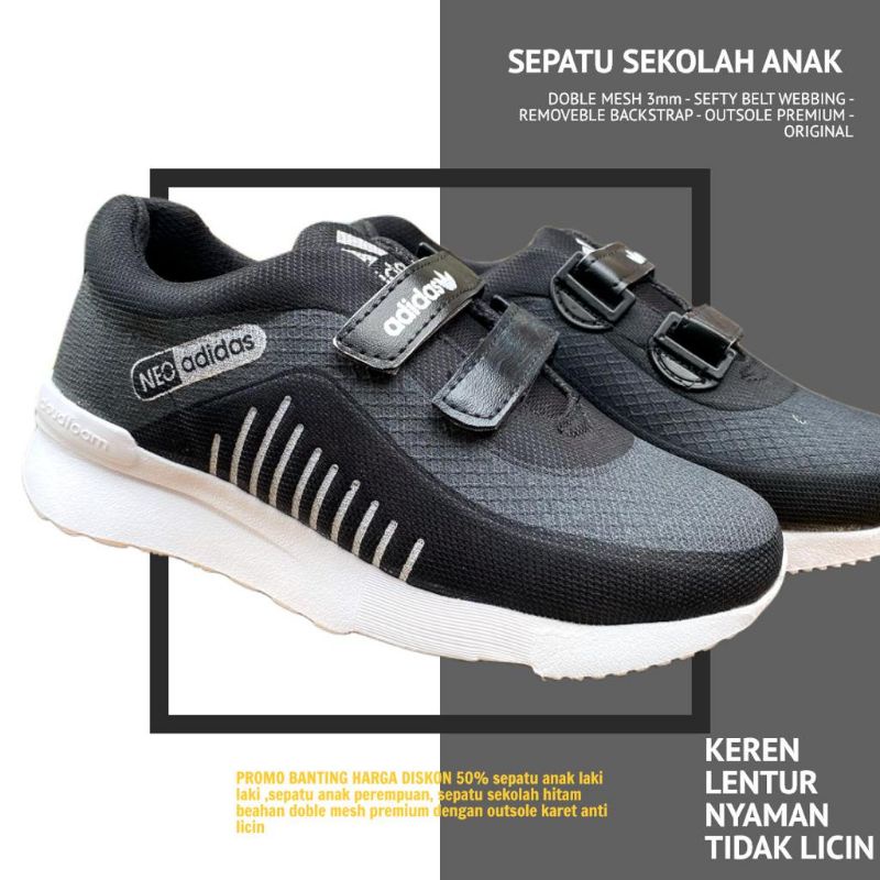 SEPATU ANAK PEREMPUAN LAKI LAKI SEKOLAH SD TK 2 TAHUN IMPORT WARNA HITAM POLOS