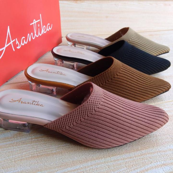 Terbaru.. Asantika Sandal Sendal Heels Rajut Hak Kaca Pendek 3 Cm Kuat Empuk Nyaman Big Size Jumbo 4