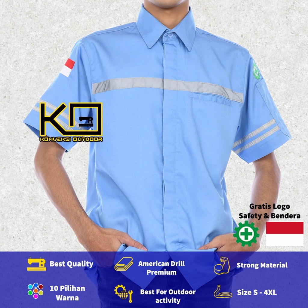 KEMEJA WEARPACK BAJU SAFETY K3 OUTDOOR INDOOR - Seragam Kemeja Kerja Lapangan Lengan Pendek Proyek Bangunan Tambang Alat Berat PLN Enginer Instalasi Mesin werpek sefti Scotlit Warna Biru Muda Konveksi Outdoor