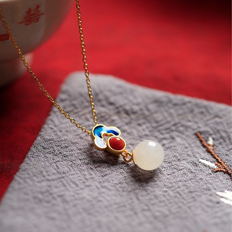 Anting Stud Kalung Giok Hetian Alami Gaya China Untuk Wanita