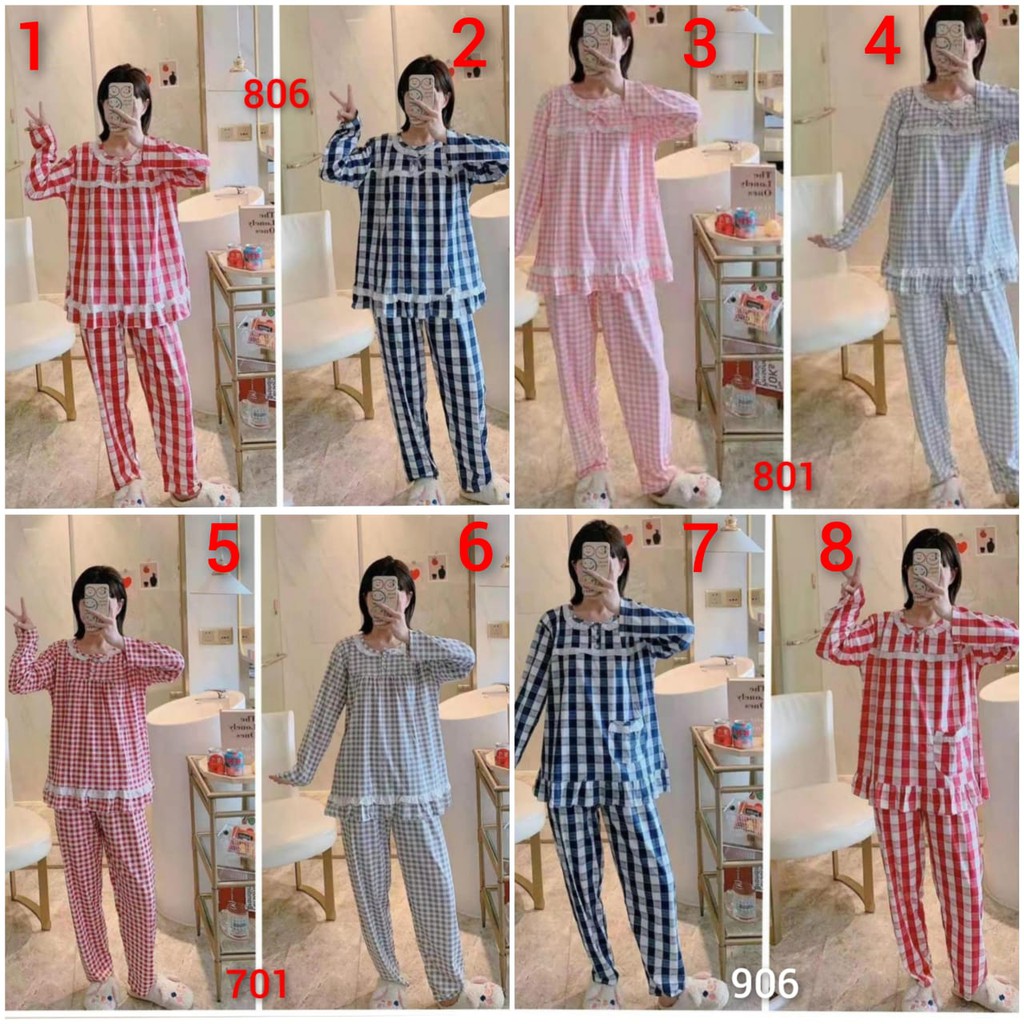 Baju tidur piyama bahan spandek import motif kotak renda lengan panjang celana panjang