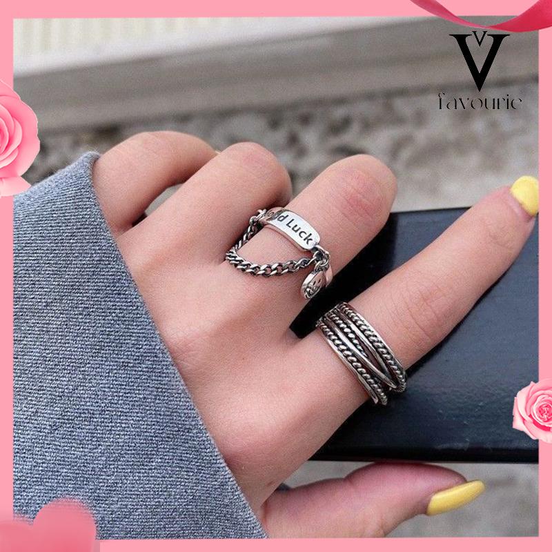 [COD]Cincin rantai smiley retro wanita minoritas desain kepribadian cincin jari telunjuk tren mode cincin hip hop-FA