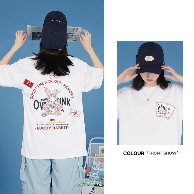 Baju Atasan Pendek Wanita Putih /Kaos T-shirt Imut Tee Import/Kaos Oversize Cewe -- Lucky rabbit (realpict)