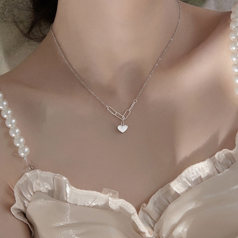 Kalung Rantai Liontin Hati Bahan Alloy Warna Silver Untuk Wanita