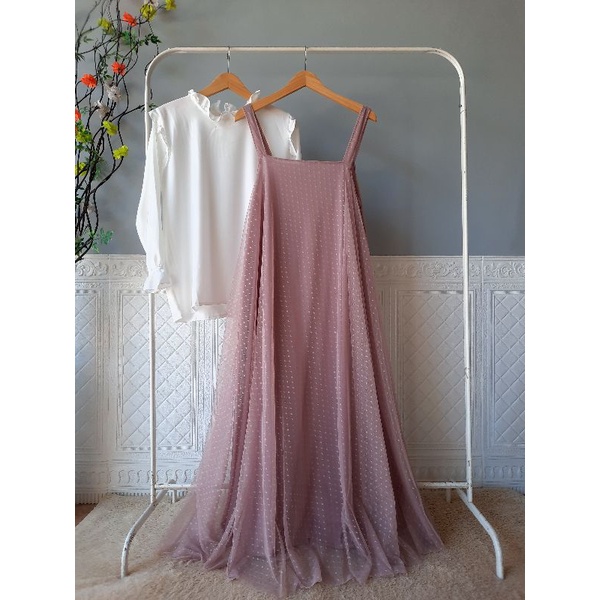 (READY)MOA TOP + OVERALL TULLE DOT MEWAH /REALPICT/COD/Gamis tile/overoll tulle mayung 4