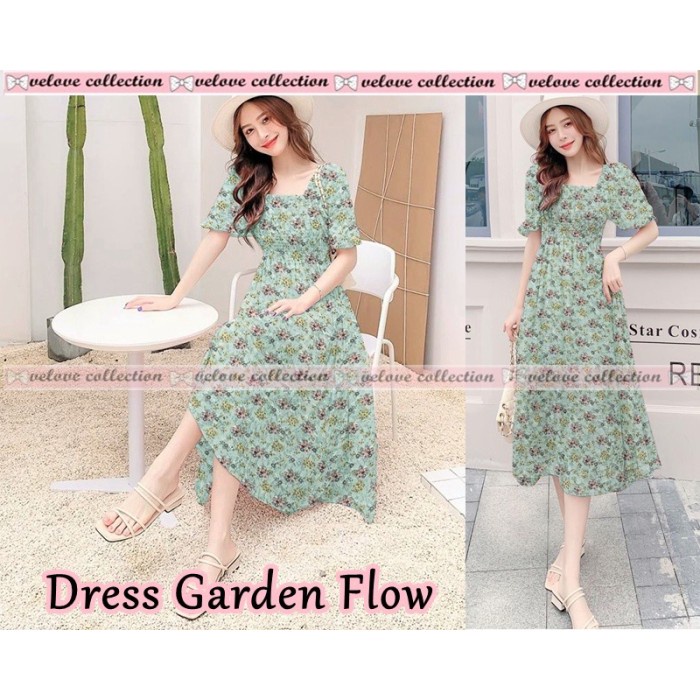 ONNIEFASHION Dress Levina Midi Sifon Lengan Pendek Motif Bunga Wanita - Hijau(X9M6) VINTAGE MINI DRE