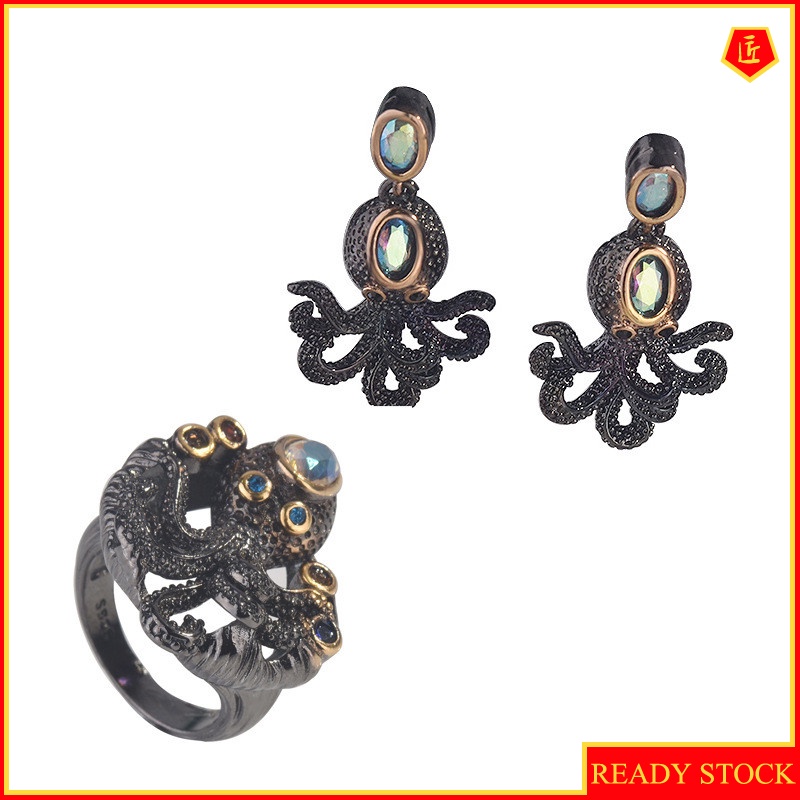 [Ready Stock]Black Gold Squid Ring Creative Octopus Earings Set