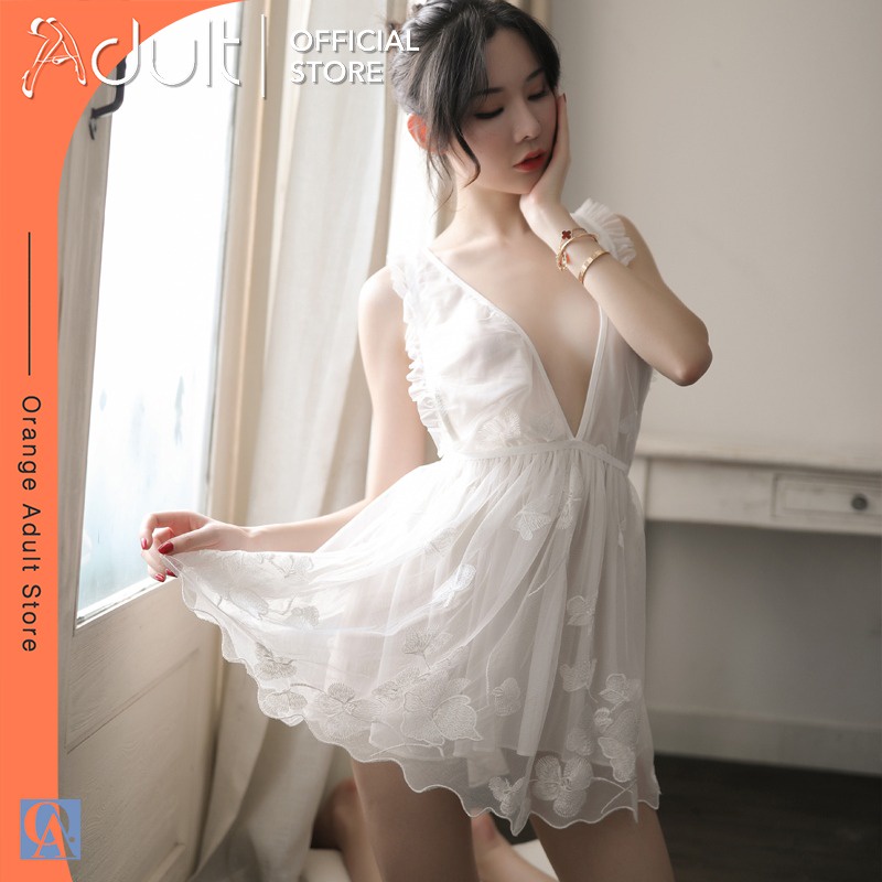 ORANGE ADULT Sexy Lingerie Dress Lace Gaun Motif Kupu Kupu Putih Cantik Elegan 5125