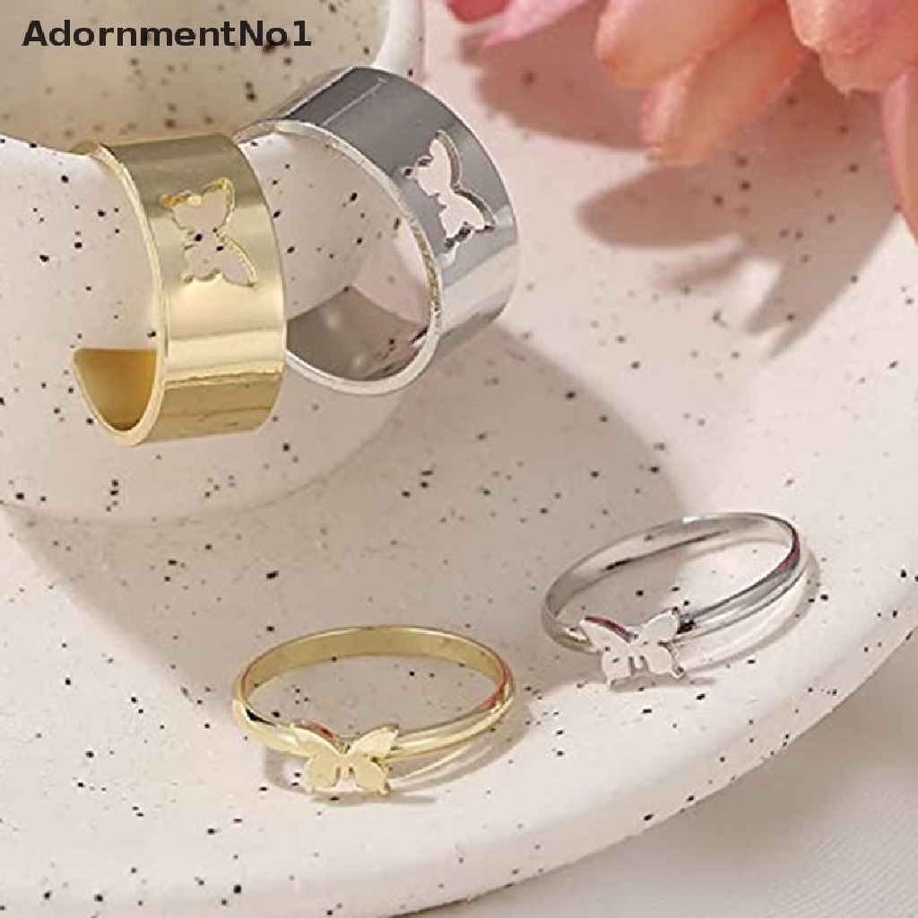 (AdornmentNo1) 2pcs / Set Cincin Butterfly Warna Silver Untuk Pasangan / Pria / Wanita