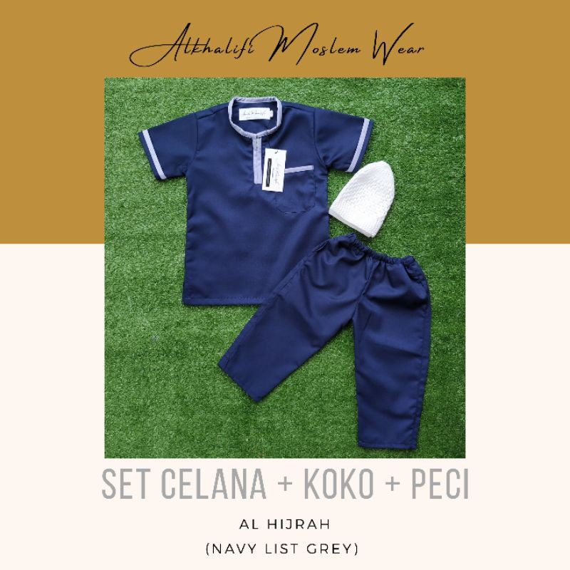 Terbaru SET KOKO AL HIJRAH (NAVY LIST GREY) | Setelan Koko Anak Bayi Balita Berkualitas by Alkhalifi