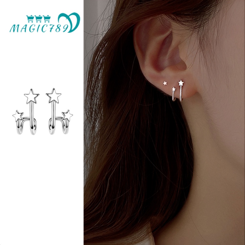 Papaozhu Korea s925 Perak Bintang Kecil Kait Stud Anting-Anting Untuk Wanita Gadis Chic Tindik Telinga Manset Klip Anting-Anting Perhiasan Fashion