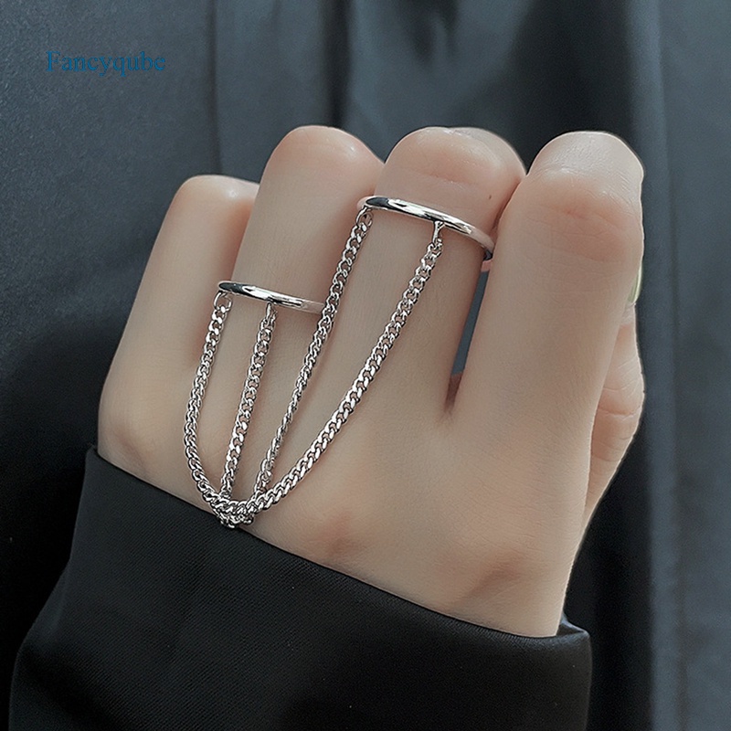 Fancyqube Set Cincin Rantai Ganda Model Terbuka Warna Silver Bahan Metal Gaya Punk Hip-Hop Untuk Wanita