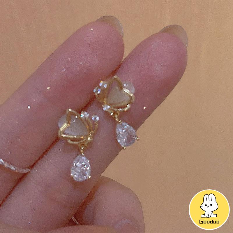 Opal Butterfly Love Water Drop Zircon Earrings Desain Niche Wanita Anting Temperamen Kelas Atas -Doo