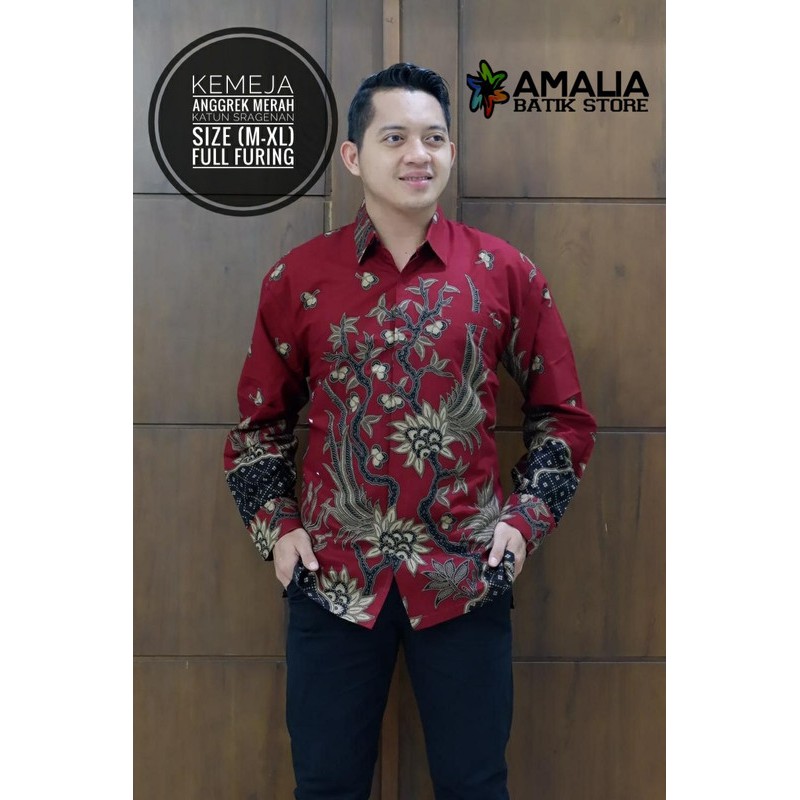 Anggrek Merah Kemeja Batik Pria Atasan Batik Baju Batik Pria Lengan Panjang Batik Modern By Amalia