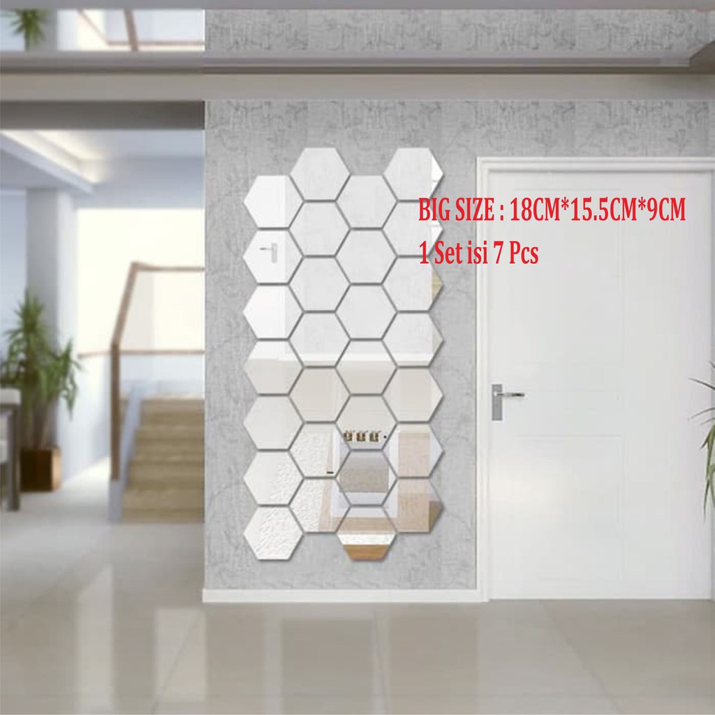 Mega_1688 [BESTUALITY Q] 1 set isi 7PCS BIG SIZE STICKER DINDING HEXAGON MIRROR ACRYLIC MG846