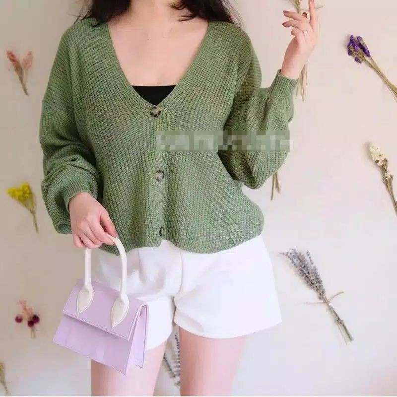 Joan Cardy Cardigan Rajut Shaby pullover crop bion outer vintage outer knitted kancing-Mint