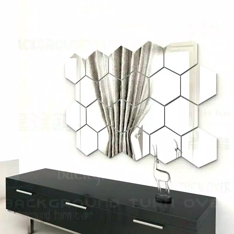 (12 PCS) Cermin Hexagonal BESAR Kaca Hexagonal Segi Enam Hexagon Mirror Acrylic Dekorasi Akrilik Tempel Dinding Cermin Hiasan Sticker Kaca Wallpaper Kaca Hexagonal Dekorasi Dinding F438