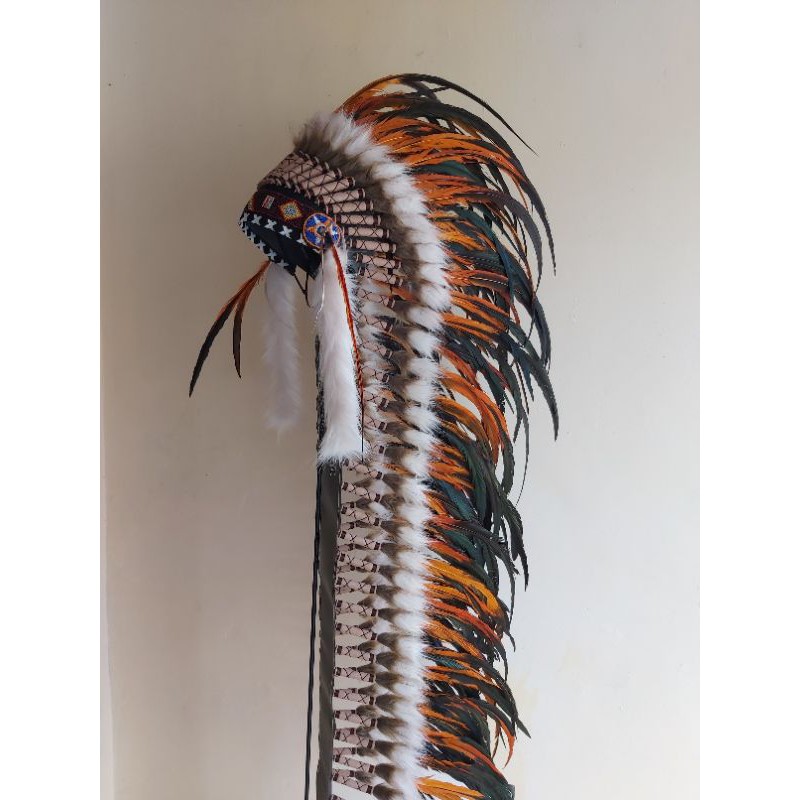 TOPI INDIAN - INDIAN HEADDRESS LONG BULU AYAM ORANGE